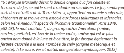 *6 : Maryse Marsailly décrit la double origine à la fois céleste et terrestre du fer, ce qui le rend « redouté ou sacralisé». Le fer, «embryon sorti des entrailles de la Terre-Mère », appartient au monde souterrain, chthonien et se trouve ainsi associé aux forces telluriques et infernales. Selon René Alleau (“Aspects de l’Alchimie traditionnelle”, Paris 1948, p62-63), le mot «métal» *, du grec «μέταλον /metalon» («mine, carrière, métal»), est issu de la racine «mé», «mès» qui est le plus ancien nom donné à la lune et à ce titre, le fer évoque également la fertilité associée à la lune «tombée du ciel» (origine météorique et céleste). («Le sacré. Fer et métal, une gestation symbolique», 2012)